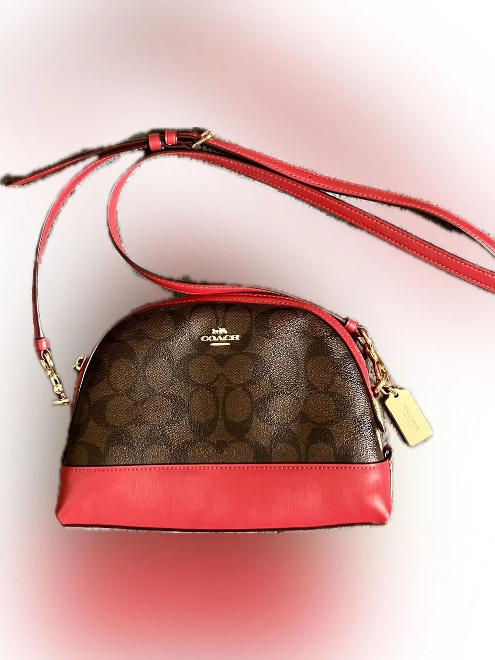 Coach Brown Signature Dome Crossbody with Red Trim